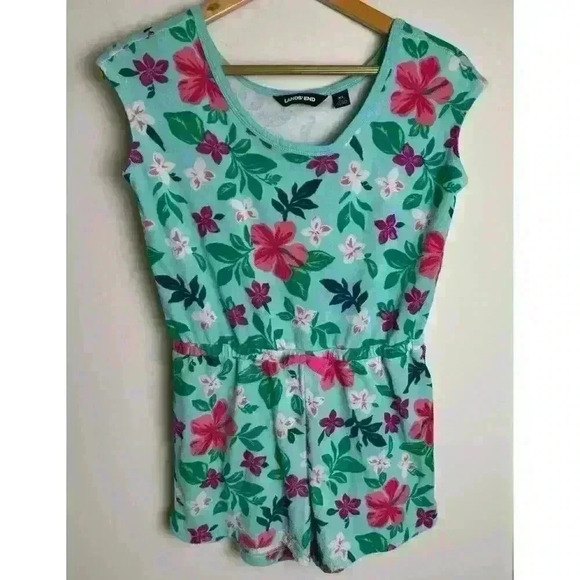 Lands' End Romper Youth X-Large Green Floral All Over Print Shorts Terry Kids - Picture 2 of 6